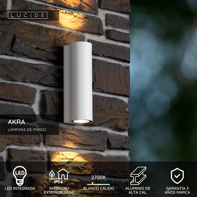 Lucide AKRA - Lámpara de pared Dentro/Fuera - LED - 2x6,5W 2700K - IP54 - Blanco